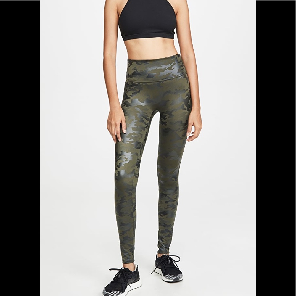 Spanx faux leather camo green leggings